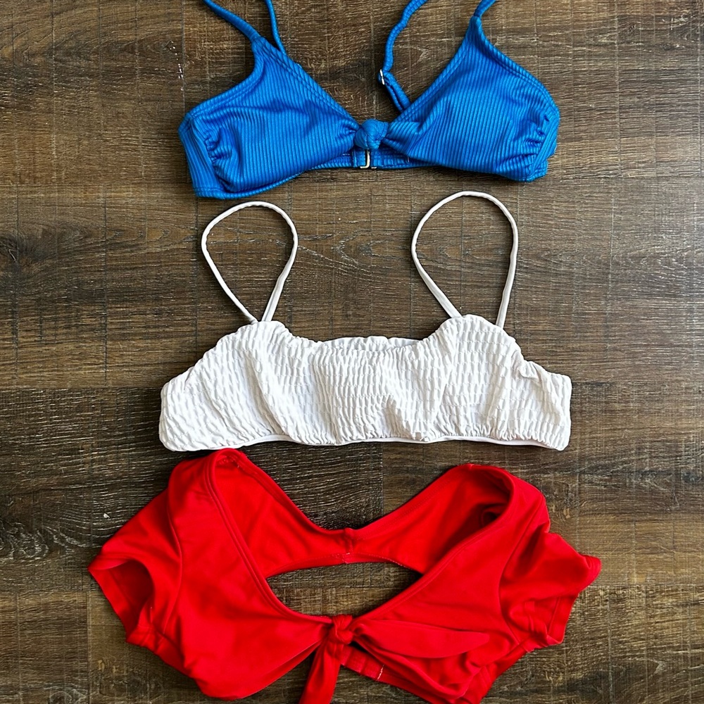 Trio of red white and blue bikini swim tops